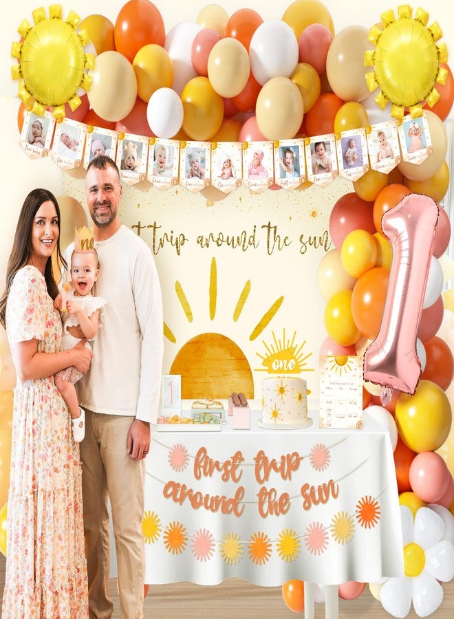 BORAMDO First Trip Around The Sun Birthday Decorations for Girl Boho Sun 1st Birthday Supplies with Backdrop Balloons Garland Monthly Photo Banner for Sun Theme Party - Image 5